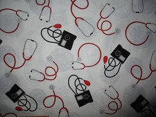 NURSE DOCTOR STETHOSCOP BLOOD PRESSURE ITEMS WHITE BLACK RED COTTON FABRIC FQ