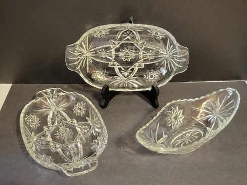 Vintage Cut Clear Glass Two Section Condiment Serving Dish & Gravy Boat