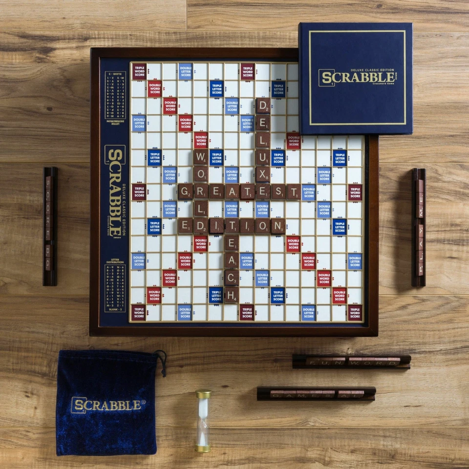 Scrabble Deluxe Edition with Rotating Wooden Game Board Turntable Lazy Susan New - Image 3 of 4
