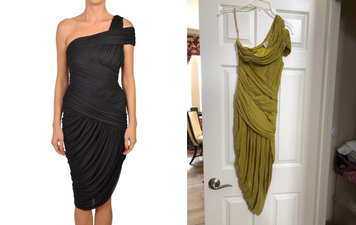 halston heritage one shoulder dress Halston Heritage Ruched One Shoulder Dress STRAW Chartreuse Green Pistachio  NEW