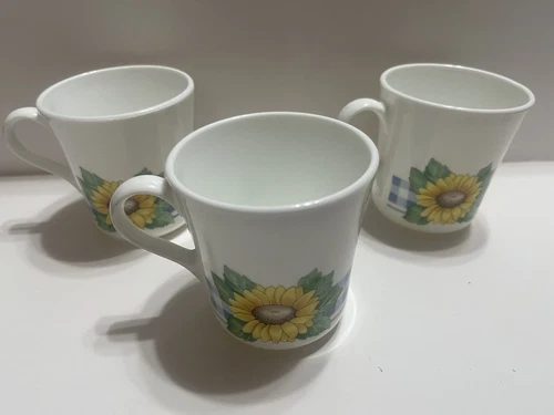 3 Vintage Corning Coffee Cups Mugs Sunflower Blue Check Design Set 4 USA 143