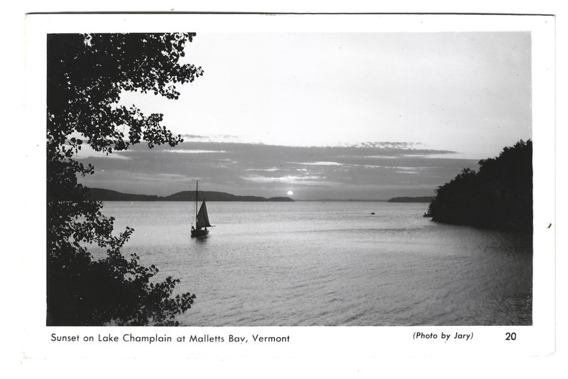 C 1950 RPPC Sunset On Lake Champlain At Malletts Bay, Vermont Sail Boat Postcard