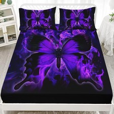 Butterfly Fitted Sheet Set Queen Size,3D Purple Fire Butterfly Bed Sheet Set,...