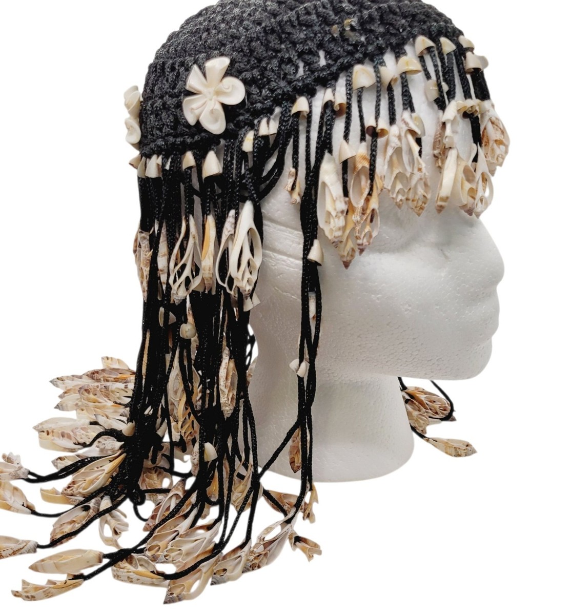 1970s Cowrie Chula Sea Shells Crown Hat Head Piece Hand Made Black
