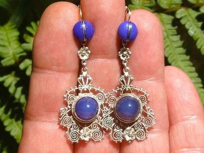 T BELLES BOUCLES PENDANTS D'OREILLES ANCIENNES ART DECO en ARGENT et PIERRE BLEU - Photo 1/4