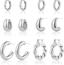 6 Pairs Gold Hoop Earrings Set for Women, 14K Gold Plated Huggie Chunky Earring