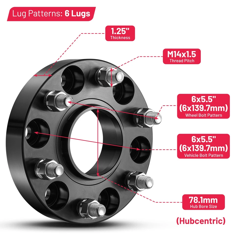 4PCS 1.25" 6x5.5 Hubcentric Wheel Spacers M14x1.5 For 2015-2023 GMC Yukon XL - Imagem 2 de 4