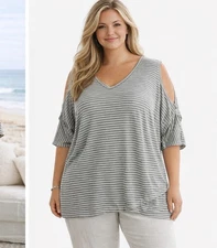 Fresh Produce Gray Stripe Cold Shoulder Top Women’s 2X Plus Nautical Coastal USA