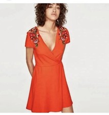 Zara Knit Womens Orange Embroidered Mini Dress Size Large 100% Cotton