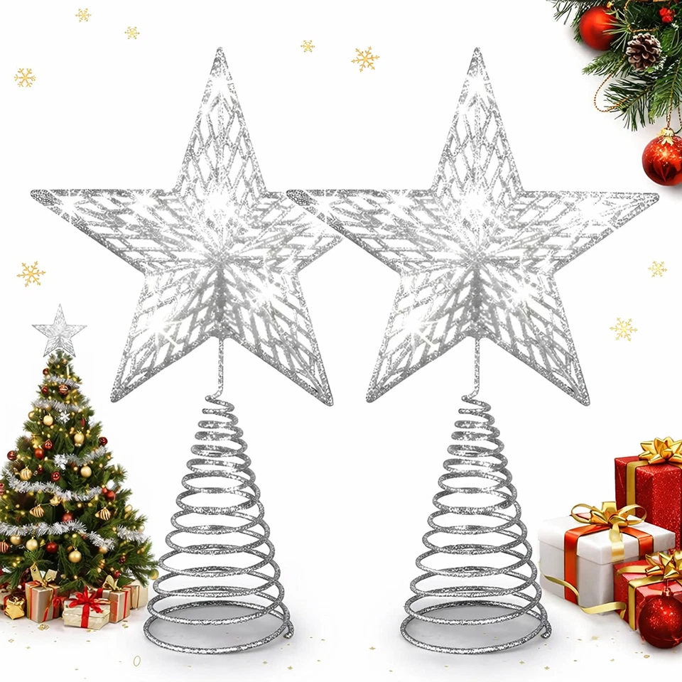 HIFEN Christmas Tree Topper 17cm Silver Glitter Star Xmas Tree Ornament 2 Pack Indoor
