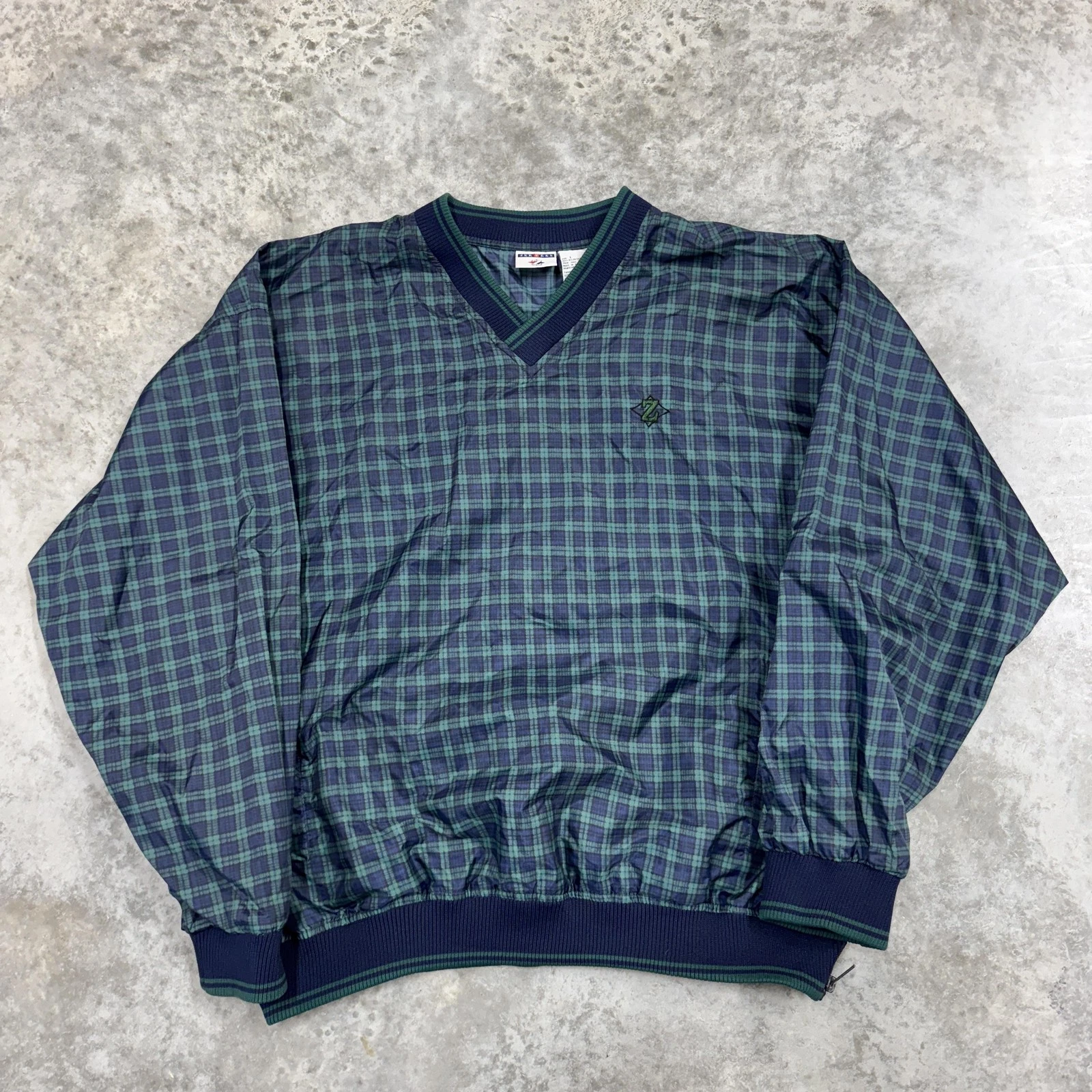 Jerzees Jacket Mens Large Blue Green Plaid V-Neck Windbreaker Pullover Golf