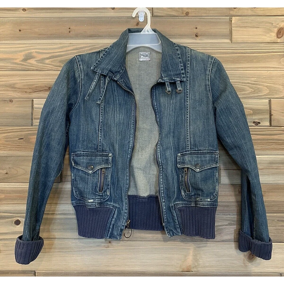 VOLCOM Denim Blue Jean Boxer Motorcycle Zip Up Jacket Women's Size M - Image 2 of 4