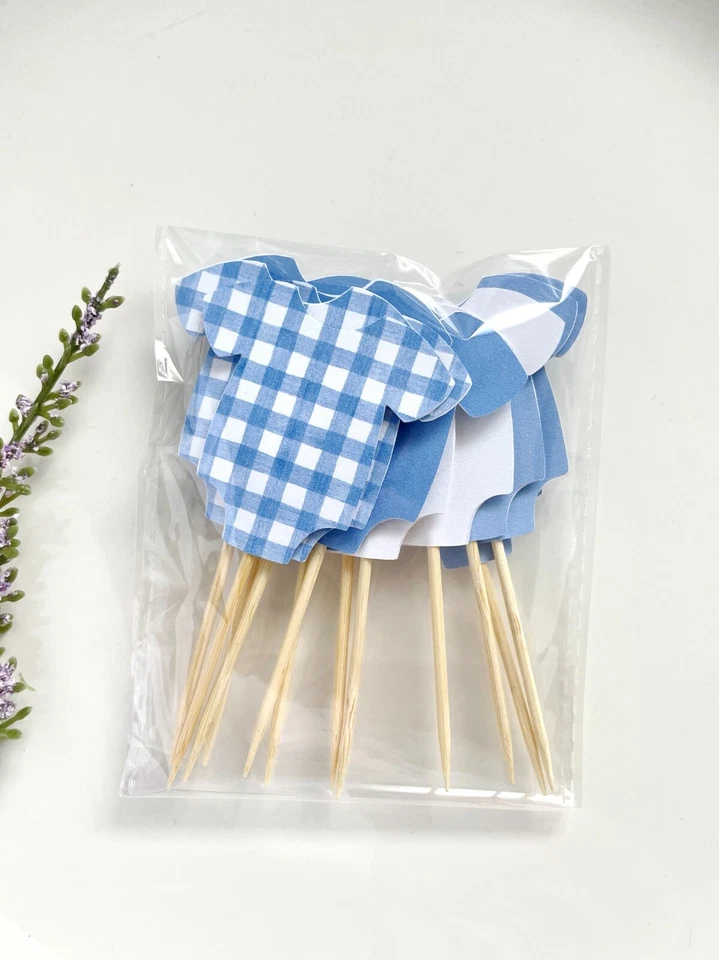 12 picos de comida azul para baby shower, toppers para cupcakes gingham, decoración para baby shower Foto 3 de 3