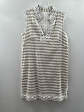 Eliza J Sleeveless Shift Dress Linen Blend Beige White Stripe Lined 14 Cruise