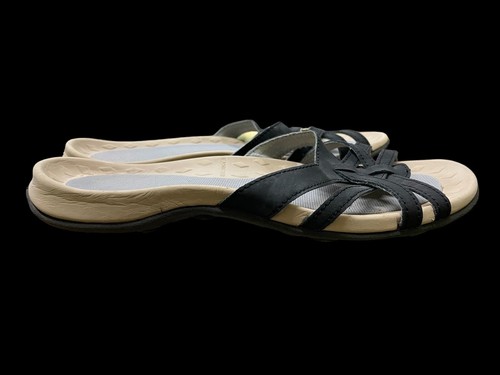 Woman’s slip-on sandals, black straps, tan liner, open toe, Size 7 - Picture 3 of 9
