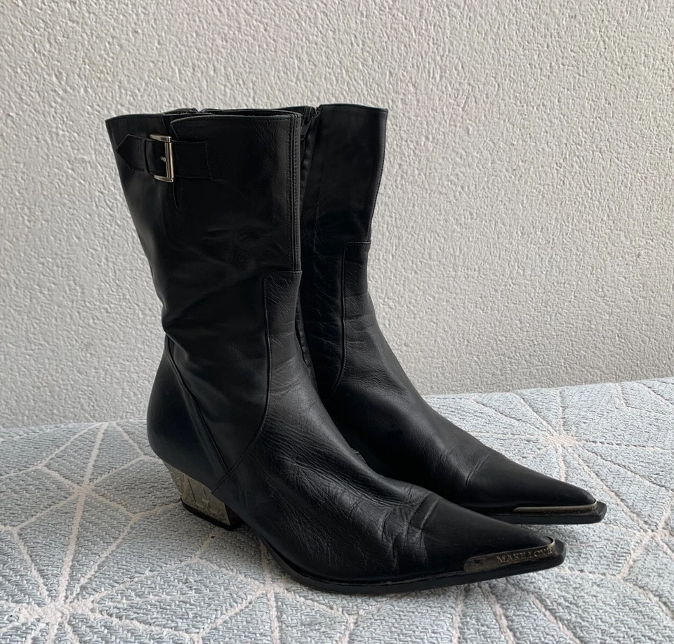 Richmond Boots Size 37 Black Leather Logo Pointed Toe Made In Italy - Image 2 of 4