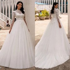 Elegant A-Line Wedding Dresses High Neck Long Sleeves Lace Appliques Sweep Train