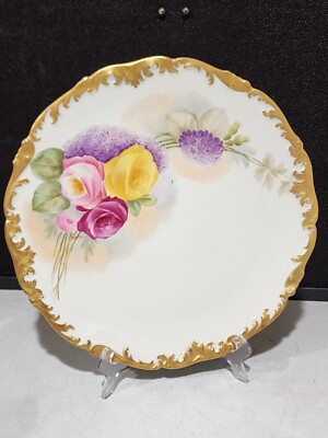 Large T&V Limoges France Roses Flowers Hand Painted SIGNED 12.5''  Plate Gold