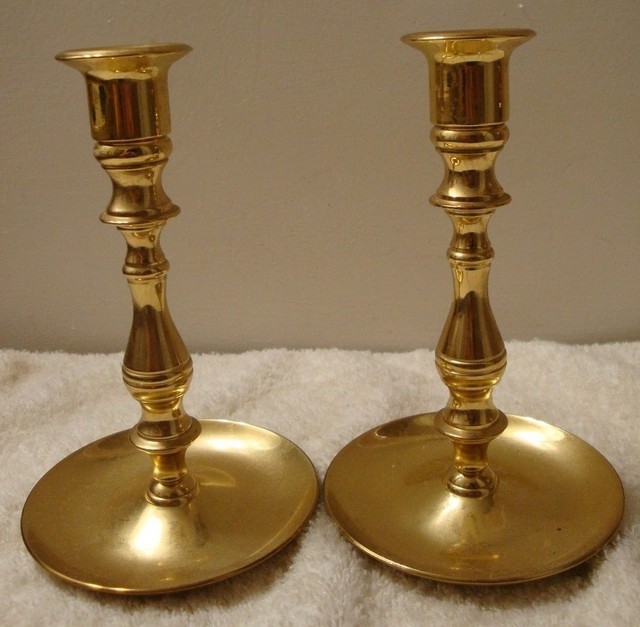 Pair Solid Brass Candlestick Holder 61/2" Tall large Saucer Base