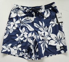 Quiksilver Men's S Shorts Swim Trunks Elastic Waist Blue White Hawaiian Print