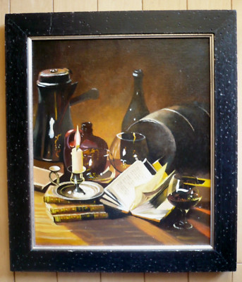 MYSTERY ARTIST CALIFORNIA ?? CANDLE AND WINE OLD BOOK GENRE OIL VINTAGE PAINTING