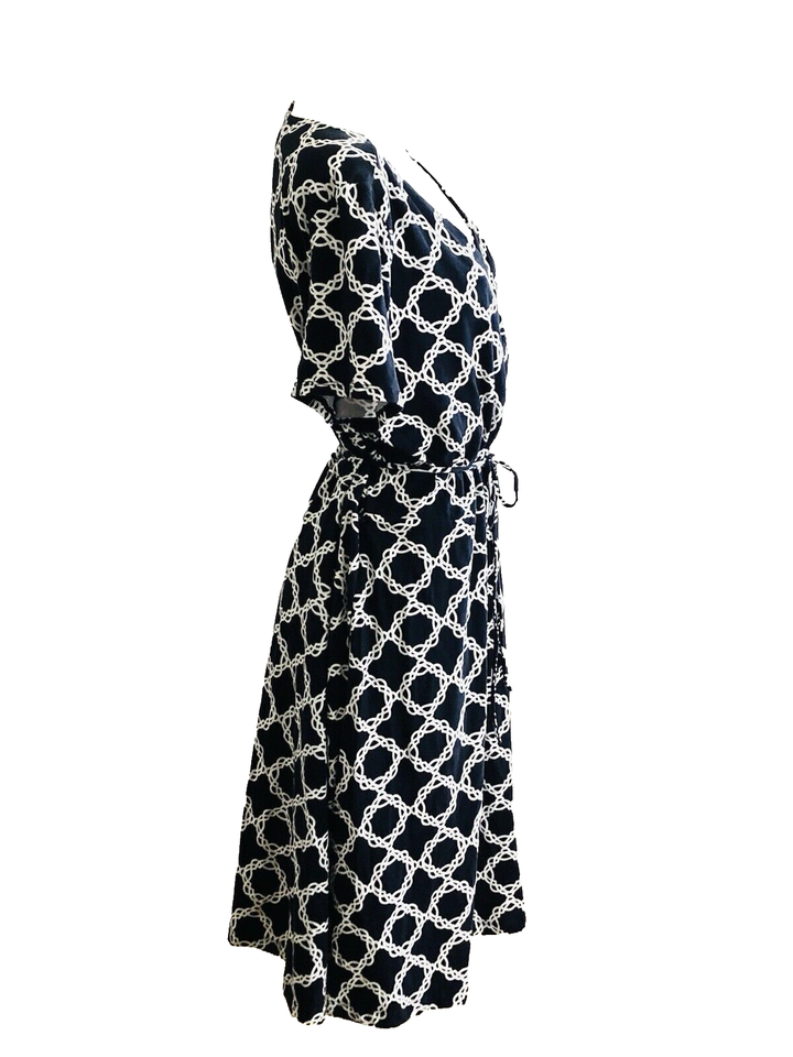 VTG KMart BASIC EDITIONS XL Classic Navy & White Wrap Dress Chain Print