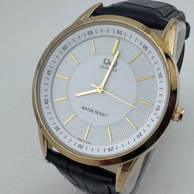 Q&Q Quartz Watch Men Gold Tone White Faux Leather Water Resist Analog New Batter
