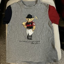 Polo Ralph Lauren Shirt Kids/Youth 6 Gray Polo Bear Graphic Colorblock Tee- GUC