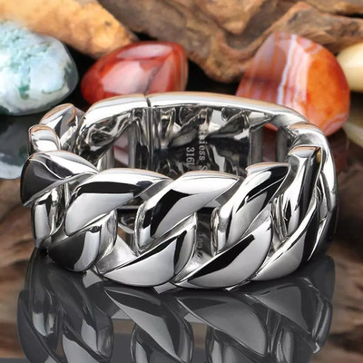 24mm/32mm Wide Heavy Men's Silver Tone Stainless Steel Cuban Link Chain Bracelet