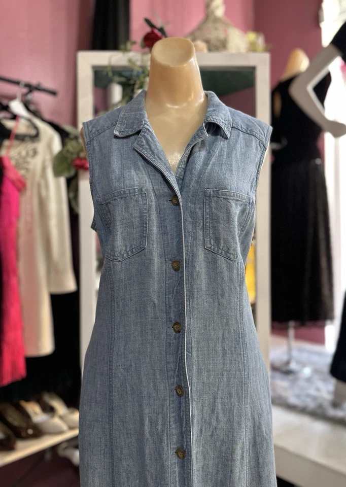 Maxi Vestido Vintage Años 90 Lino Sin Mangas Botones Minimalista Lavado Claro M/L Foto 3 de 4