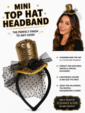 Mini GOLD TOP HAT ON HEADBAND Costume Cap Steampunk Victorian Black Flower Veil