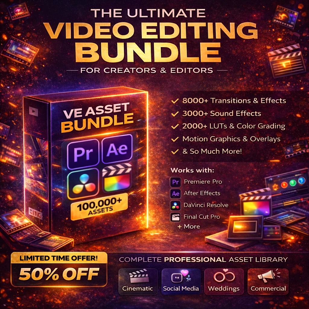 Paquete de edición de video | Transiciones, LUT, superposiciones, títulos y efectos de sonido
