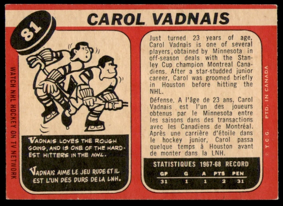 1968-69 O Pee Chee #81 CAROL VADNAIS  Oakland Seals  NM - Image 2 of 2