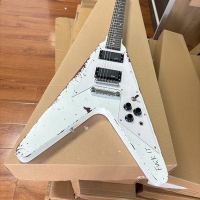 White Flying V Style Electric Guitar Rosewood Fingerboard Fixed Bridge