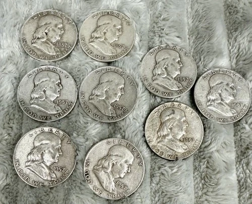 Lot of 9 Franklin Half Dollars 90% Silver All 1957-D & P Circulated VF #192