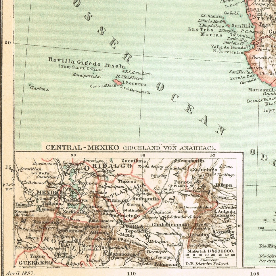 Mapa plano antiguo vintage original de MÉXICO FECHADO 1897 Estados Unidos Mexicanos Foto 2 de 4
