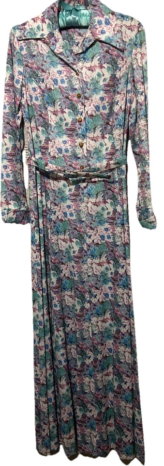 Vestido Vintage Anos 60 10 Malha Elástica com Cinto Estampa Floral Boho Jardim Festa Maxi P/M - Imagem 4 de 4