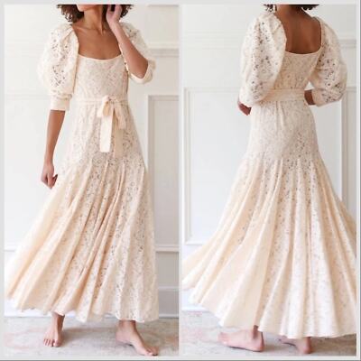 NWT Mille Cecile Floral Cream Vanilla Lace Belted Maxi Dress Sz Small