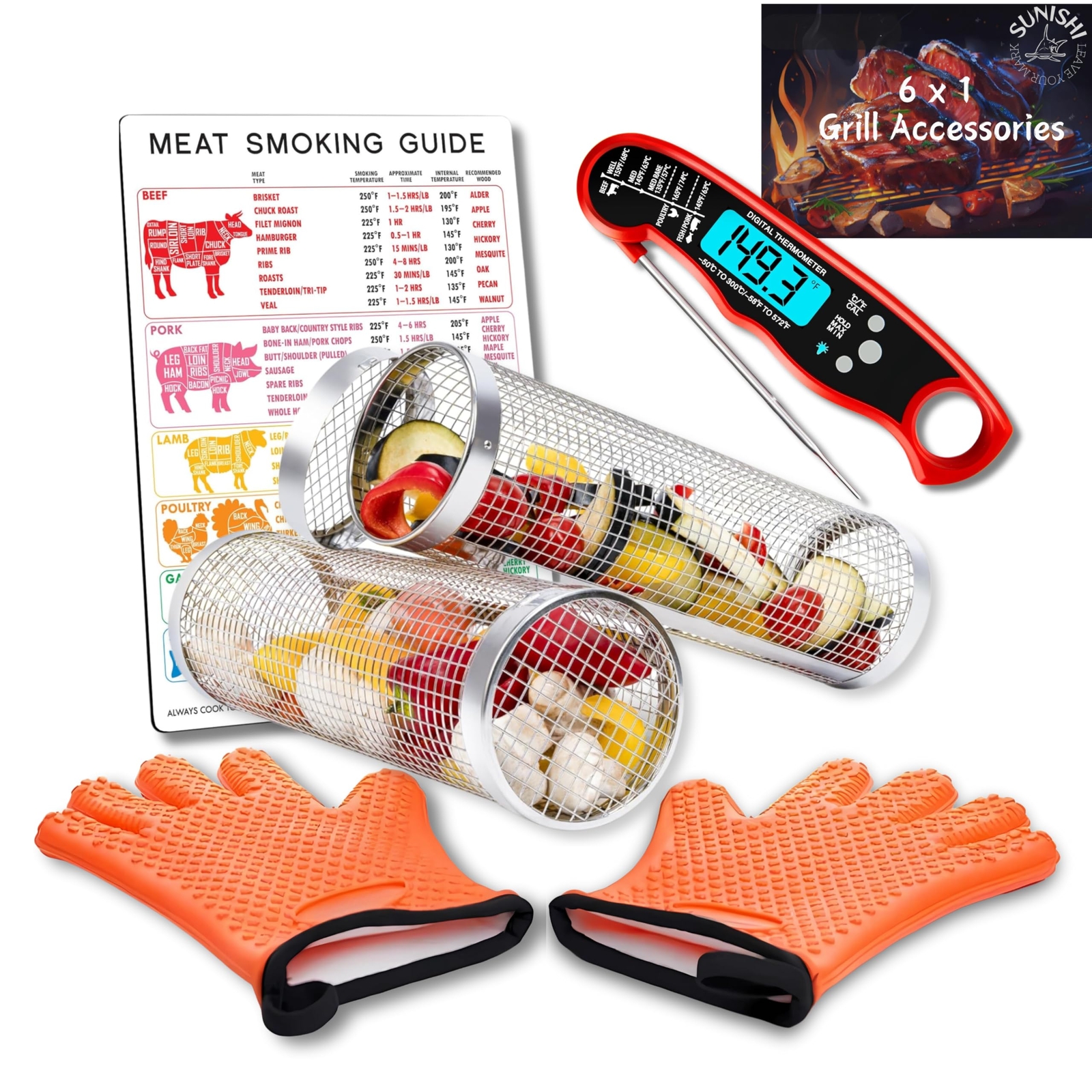 Meat Thermometer Digital , Oven Mitts , Round BBQ Baskets with and BBQ Smoker...-image
