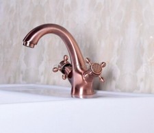 Antique Red Copper Dual Cross Handle Bathroom Basin Faucet Vessel Sink Mixer Tap