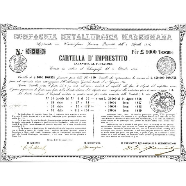 COMPAGNIA METALLURGICA MAREMMANA 1854 CARTELLA D' IMPRESTITO LIVORNO 1854 COMPAGNIA METALLURGICA MAREMMANA 1854 CARTELLA D' IMPRESTITO LIVORNO 1854