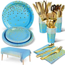 141 Pieces Sky Blue Gold Party Supplies Party Dinnerware Sets Paper Plates Na...