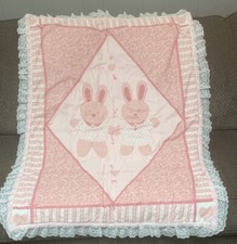 Girls Baby Quilt Handmade With 2   White Lace Hearts And Bunnies 34 X 46