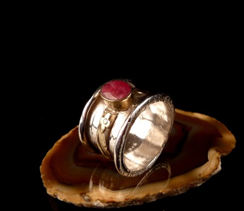 Handarbeits Rubinring 925 Silber breiter Bandring 1,5cm mit Blumen Gr. 57 * 9,7g - Bild 8 von 9