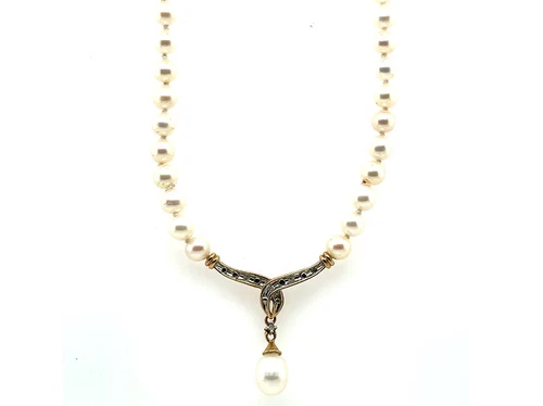 Pearl Diamond Necklace 5mm Pearl 16 Inch Pink/White Strand of Pearls Yellow Gold