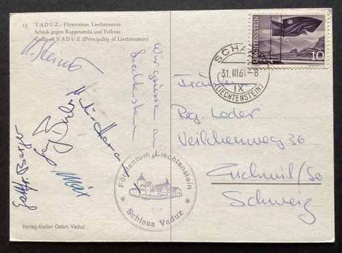 LIECHTENSTEIN 1961 Postcard, Schalk to Switzerland - multiple autographs (PSE946