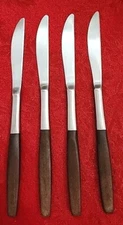 Set 4 Vintage Flatware Dinner Knife Stainless Faux Wood Handle Japan MCM 8.75"