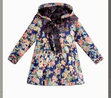 Richie House Toddler Girl 3/4 Navy Floral Hooded Swing Coat Satin Bow and Button