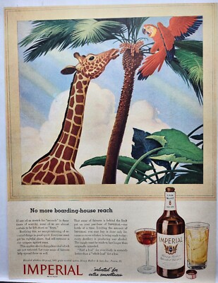 1943 Imperial Hiram Walker Whiskey Giraffe Cockatoo Original Print Ad Life Mag