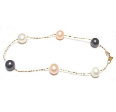 7'' Genuine 6-7mm Multicolor Pearl 14K Yellow Gold Chain Bracelet
